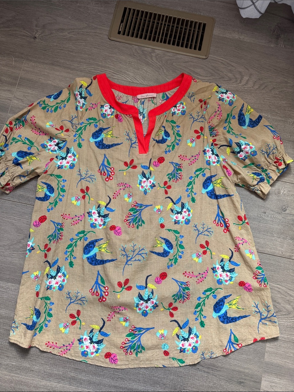 Floral & Bird Print Tan Top with Red Trim